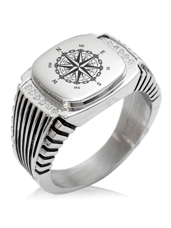 Stainless Steel Nautical Chaim Compass CZ Ribbed Needle Stripe Pattern Biker Style Polished Ring