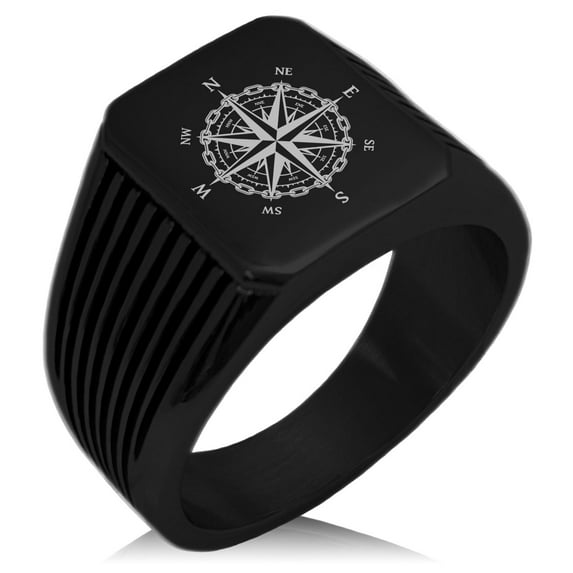 Tioneer Stainless Steel Nautical Chaim Compass Needle Stripe Pattern Biker Style Polished Ring