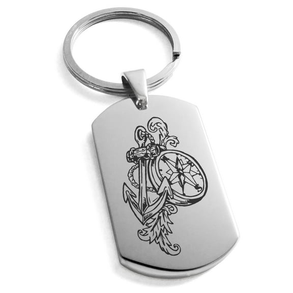 Tioneer Stainless Steel Nautical Feather Compass & Anchor Engraved Dog Tag Keychain Keyring