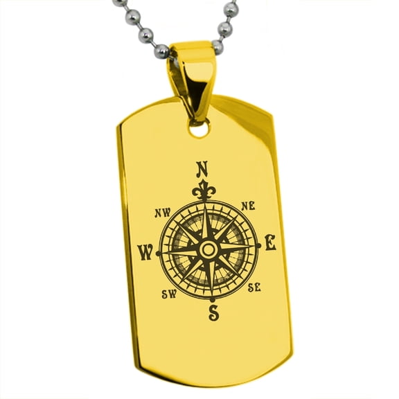 Tioneer Stainless Steel Nautical Fleur de Lis Compass Engraved Dog Tag Pendant Necklace