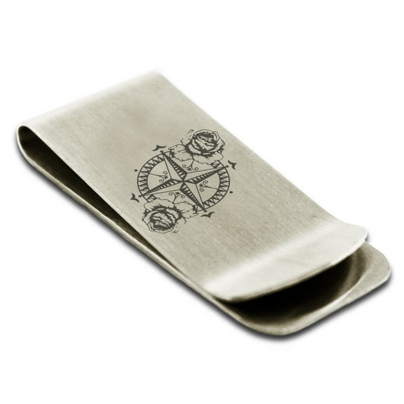 Tioneer Stainless Steel Nautical Floral Rose Compass Engraved Money Clip Holder