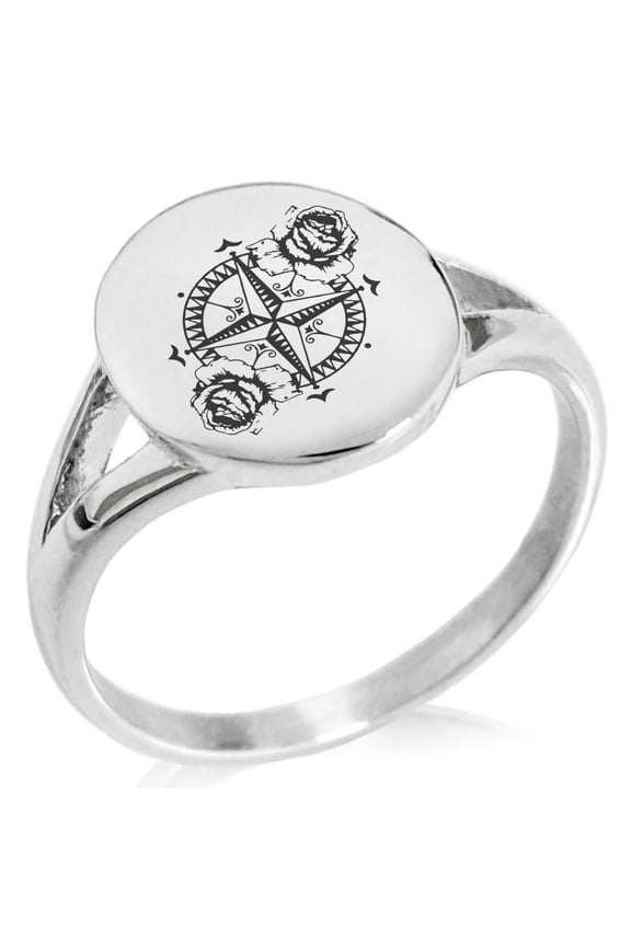 Stainless Steel Nautical Floral Rose Compass Minimalist Oval Top Polished Statement CZ Signet Ring