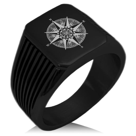 Tioneer Stainless Steel Nautical Flower of Life Compass Needle Stripe Pattern Biker Style Polished Ring