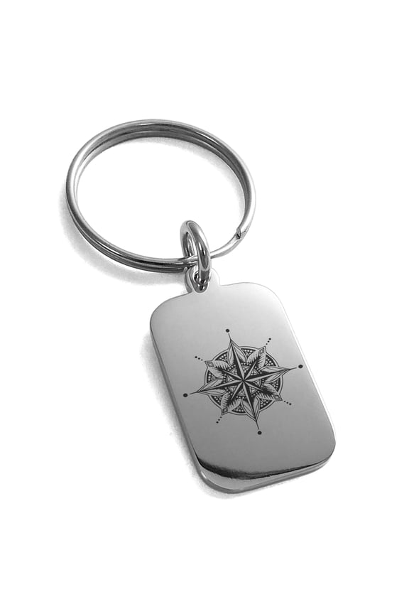 Stainless Steel Nautical Mandala Lotus Compass Engraved Small Rectangle Dog Tag Charm Keyring Celtic