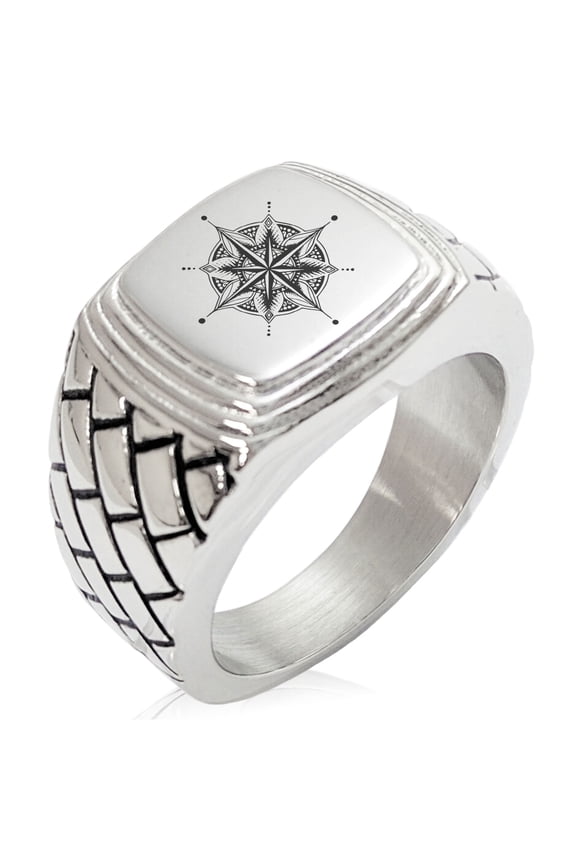 Stainless Steel Nautical Mandala Lotus Compass Geometric Pattern Step-Down Biker Style Polished Ring