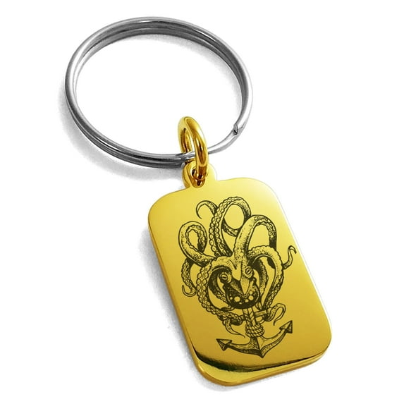 Tioneer Stainless Steel Nautical Octopus Anchor Engraved Small Rectangle Dog Tag Charm Keychain Keyring