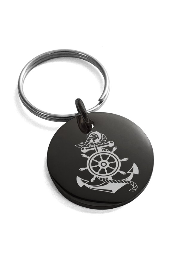 Stainless Steel Nautical Ship Helm & Anchor Engraved Small Medallion Circle Charm Keychain Keyring
