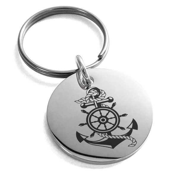 Tioneer Stainless Steel Nautical Ship Helm & Anchor Engraved Small Medallion Circle Charm Keychain Keyring