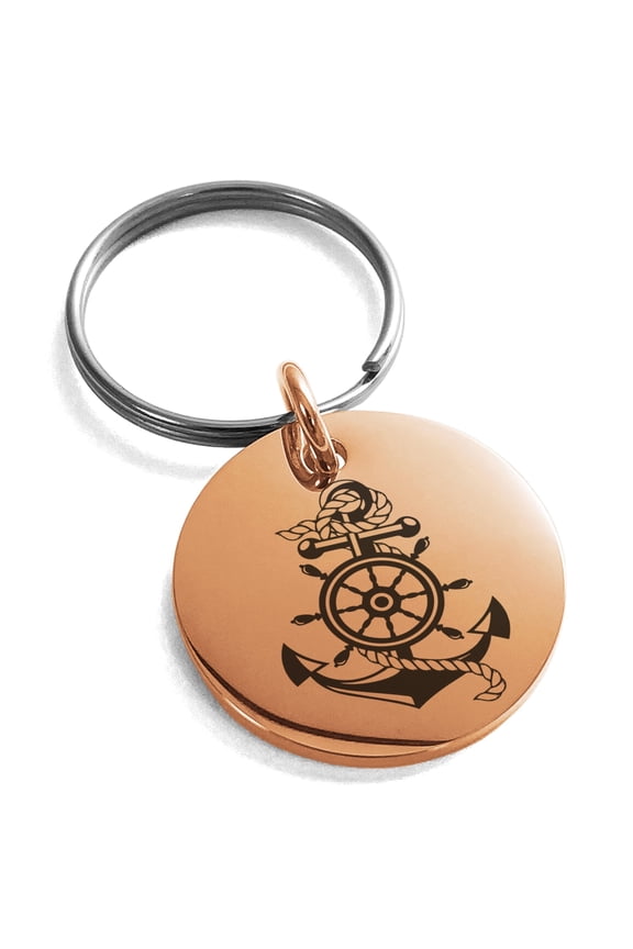 Stainless Steel Nautical Ship Helm & Anchor Engraved Small Medallion Circle Charm Keychain Keyring