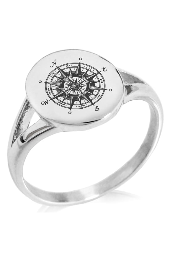 Stainless Steel Nautical Vintage Compass Minimalist Oval Top Polished Statement Signet Ring