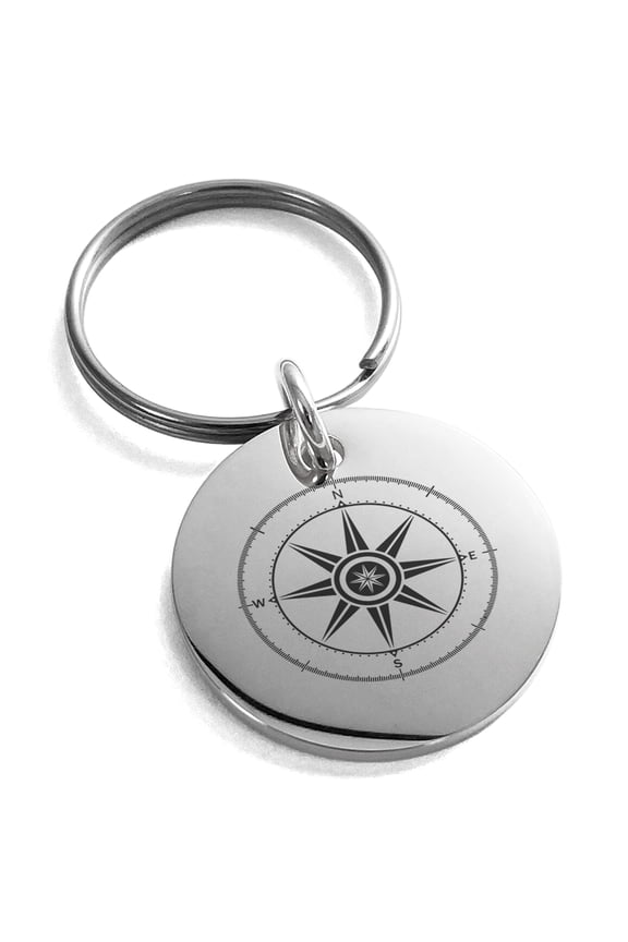 Stainless Steel Nautical Wind Compass Engraved Small Medallion Circle Charm Keychain Keyring