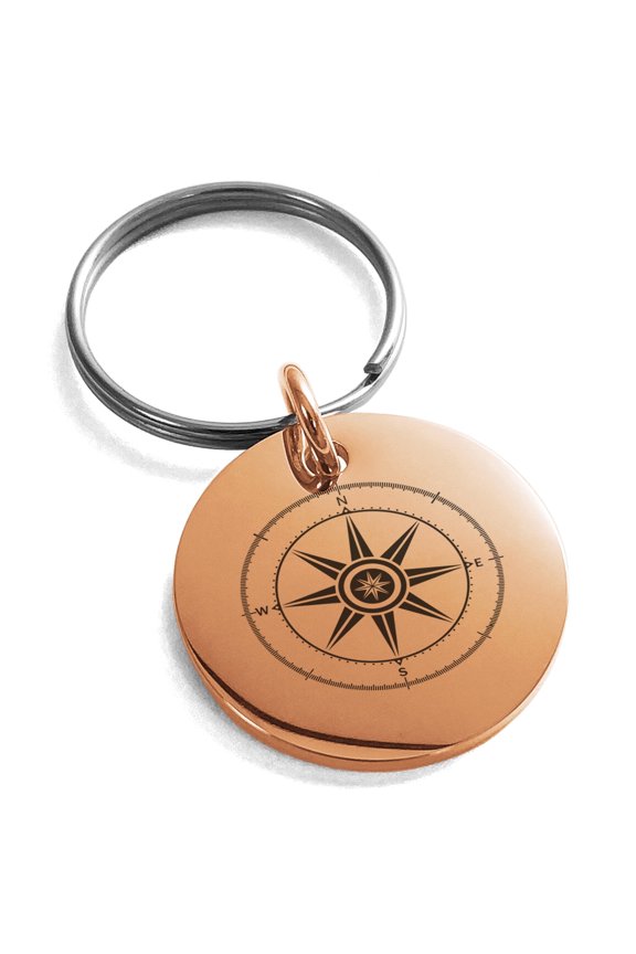 Stainless Steel Nautical Wind Compass Engraved Small Medallion Circle Charm Keychain Keyring