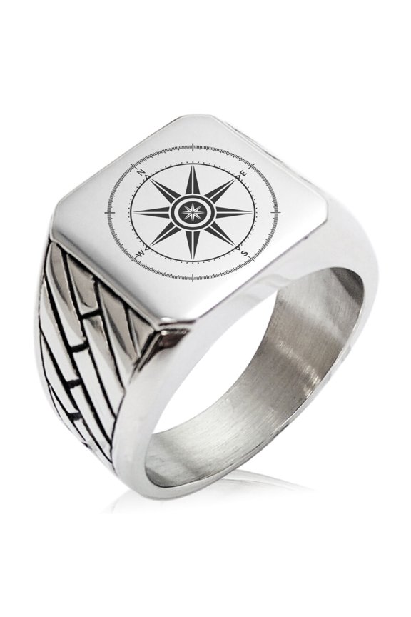 Stainless Steel Nautical Wind Compass Geometric Pattern Biker Style Polished Ring
