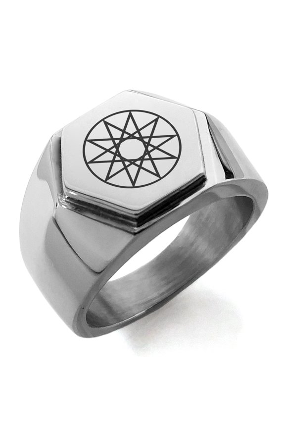 Stainless Steel Octagram Star of Wisdom Engraved Hexagon Crest Flat Top Biker Style Polished Ring