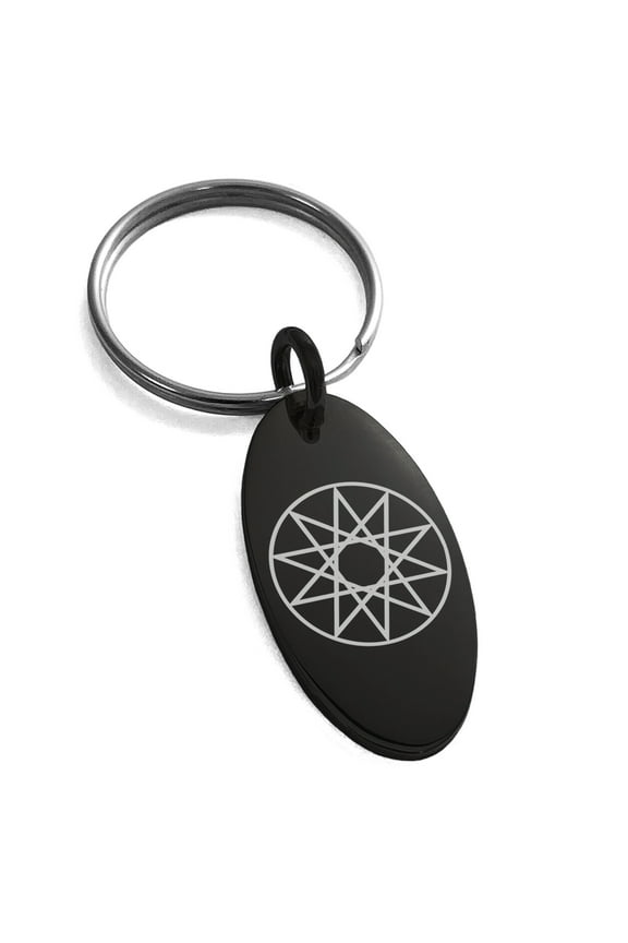 Stainless Steel Octagram Star of Wisdom Engraved Small Oval Charm Keychain Keyring