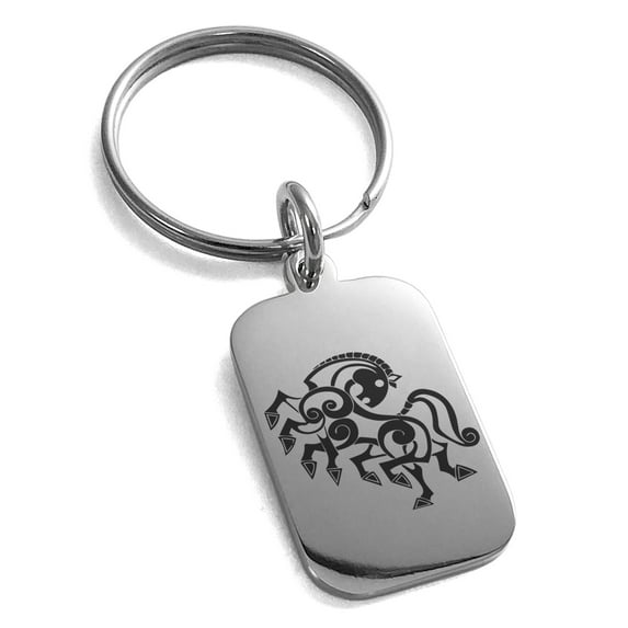 Tioneer Stainless Steel Odin's Sleipnir Horse Viking Norse Engraved Small Rectangle Dog Tag Charm Keychain Keyring