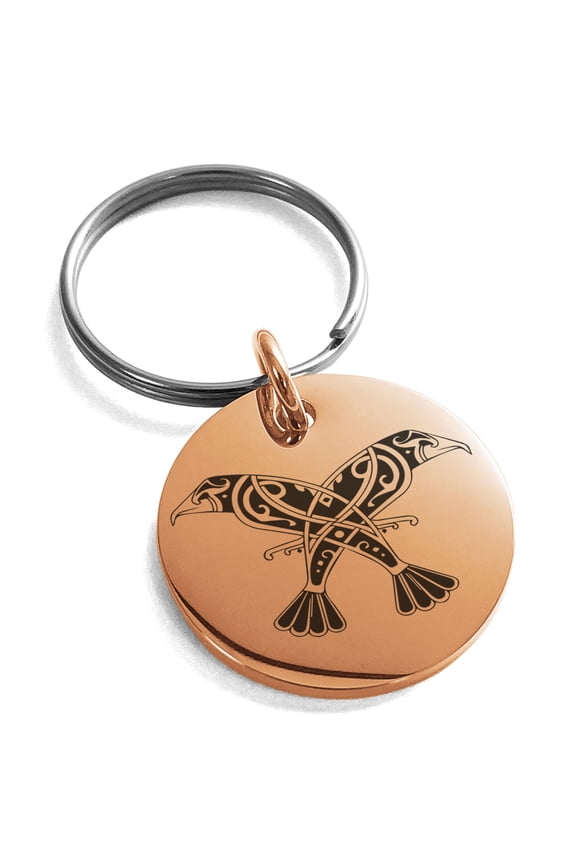 Stainless Steel Odin's Twin Ravens Engraved Small Medallion Circle Charm Keyring Celtic