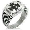 thumbnail image 1 of Tioneer Stainless Steel Pattee Iron Cross Circlet CZ Ribbed Needle Stripe Pattern Biker Style Polished Ring, 1 of 1
