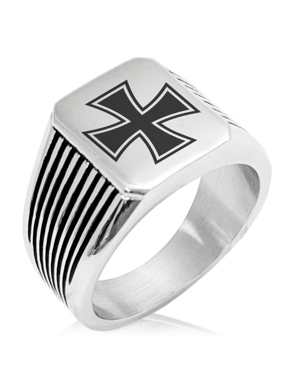 Stainless Steel Pattee Iron Cross Needle Stripe Pattern Biker Style Polished Ring
