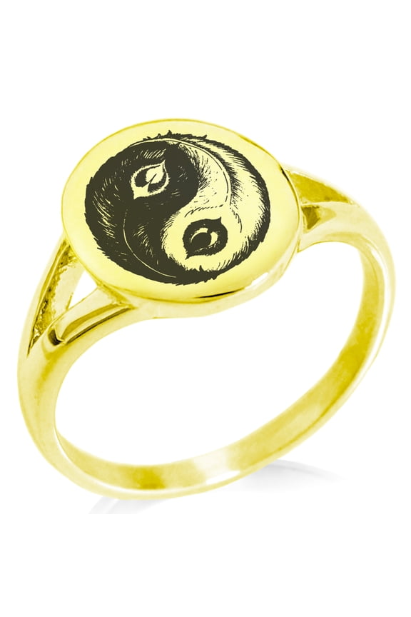 Stainless Steel Peacock Feather Yin Yang Minimalist Oval Top Polished Statement Signet Ring
