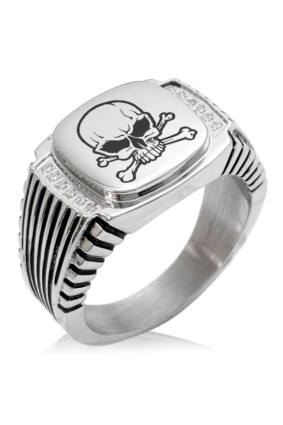 Stainless Steel Pirate Skull & Crossbones CZ Ribbed Needle Stripe Pattern Biker Style Polished Ring
