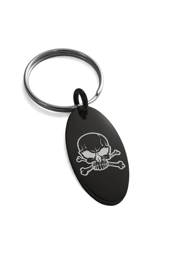Stainless Steel Pirate Skull & Crossbones Engraved Small Oval Charm Keychain Keyring