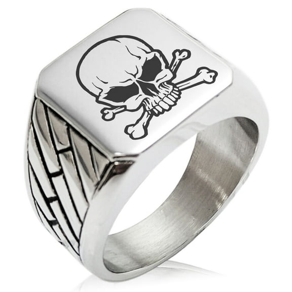 Tioneer Stainless Steel Pirate Skull & Crossbones Geometric Pattern Biker Style Polished Ring