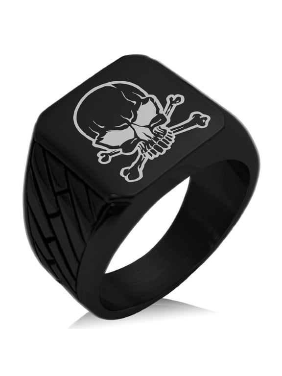 Stainless Steel Pirate Skull & Crossbones Geometric Pattern Biker Style Polished Ring
