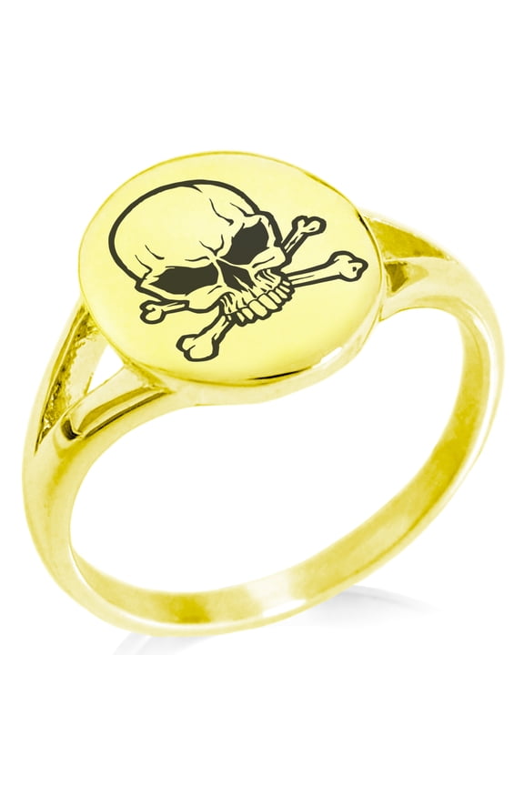 Stainless Steel Pirate Skull & Crossbones Minimalist Oval Top Polished Statement Signet Ring