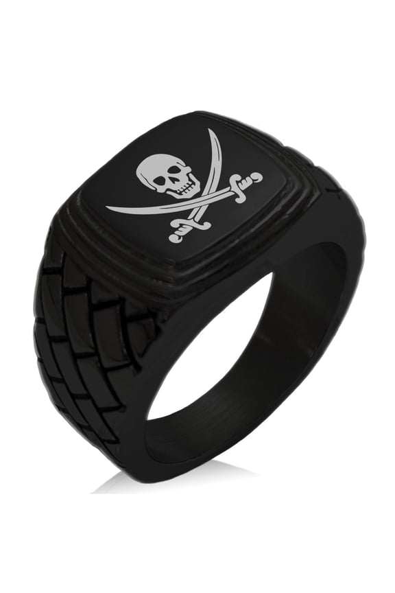 Stainless Steel Pirate Skull & Swords Geometric Pattern Step-Down Biker Style Polished Ring