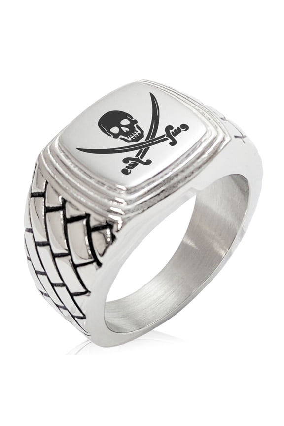 Stainless Steel Pirate Skull & Swords Geometric Pattern Step-Down Biker Style Polished Ring