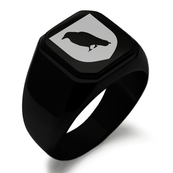 Tioneer Stainless Steel Raven Bringer of Death Coat of Arms Shield Engraved Square Flat Top Biker Style Polished Signet Ring