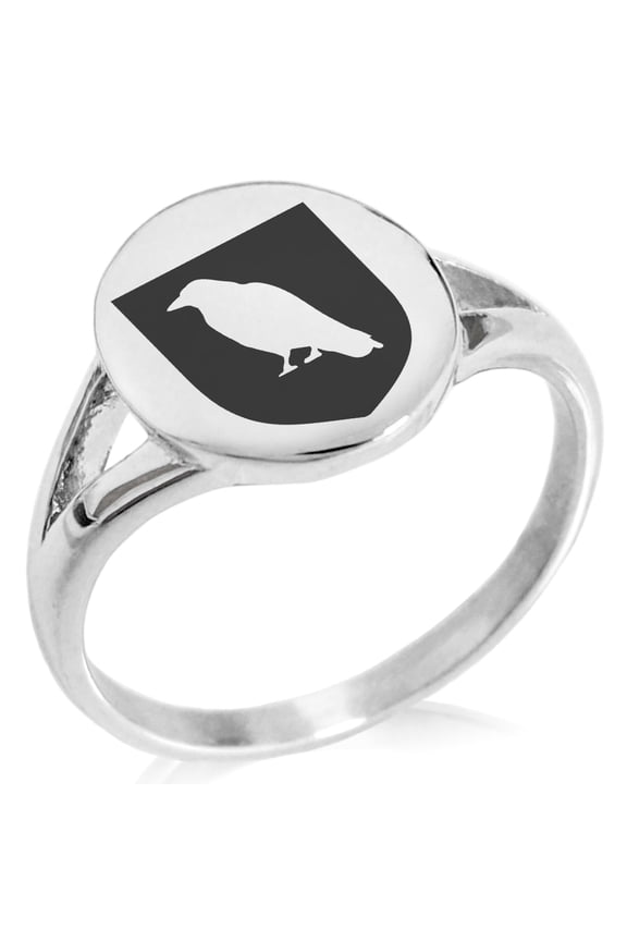 Stainless Steel Raven Bringer of Death Coat of Arms Shield Minimalist Oval Top Polished Statement Signet Ring