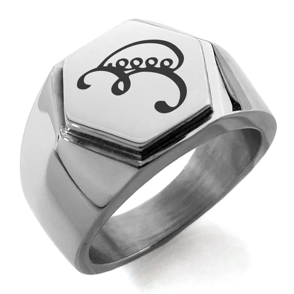 Tioneer Stainless Steel Reiki Iava Persistence Engraved Hexagon Crest Flat Top Biker Style Polished Ring