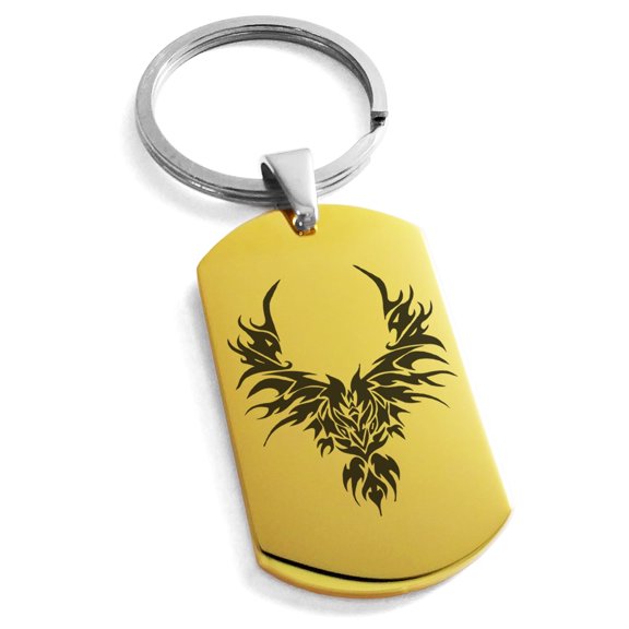 Tioneer Stainless Steel Rising Phoenix Blaze Engraved Dog Tag Keychain Keyring