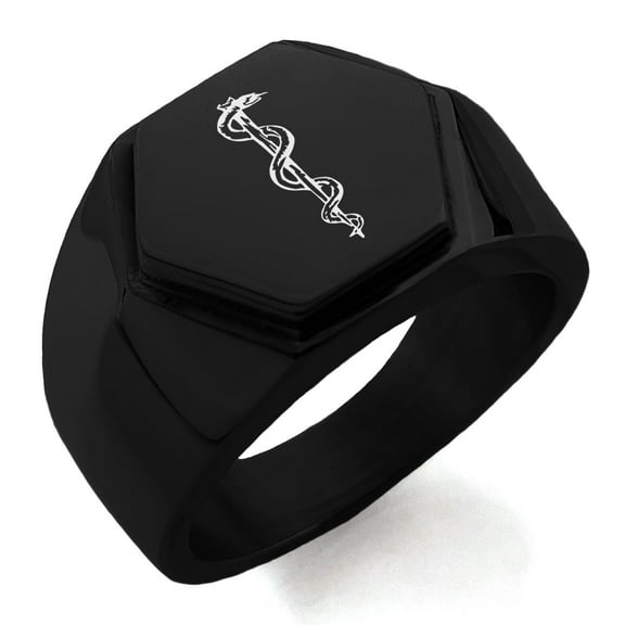 Tioneer Stainless Steel Rod of Asclepius Engraved Hexagon Crest Flat Top Biker Style Polished Ring