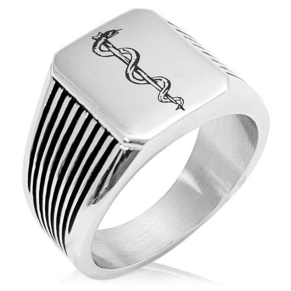Tioneer Stainless Steel Rod of Asclepius Needle Stripe Pattern Biker Style Polished Ring