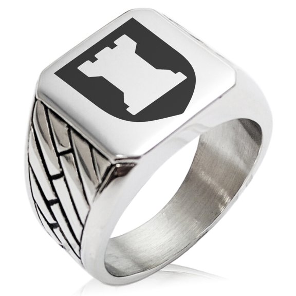Tioneer Stainless Steel Rook Strategy Coat of Arms Shield Geometric Pattern Biker Style Polished Ring