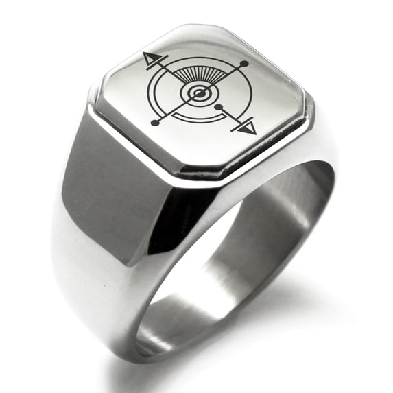 Tioneer Stainless Steel Sacred Geometric Compass Engraved Square Flat Top Biker Style Polished Signet Ring