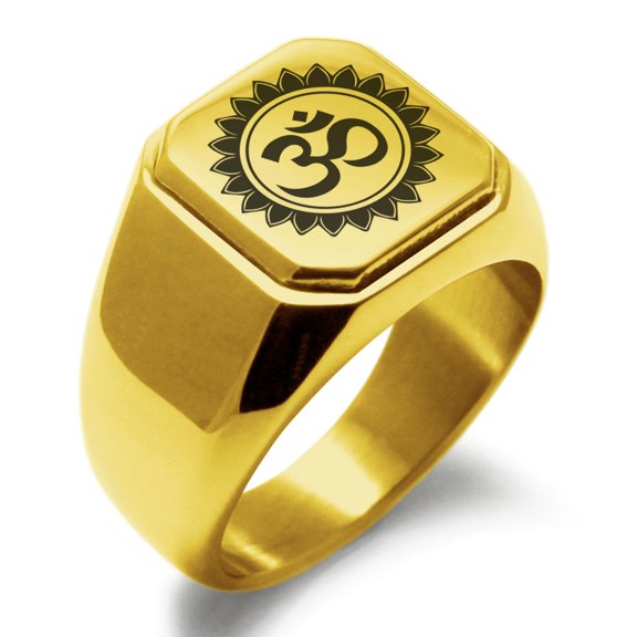 Tioneer Stainless Steel Sacred Lotus Sanskrit Om Engraved Square Flat Top Biker Style Polished Signet Ring