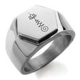thumbnail image 1 of Tioneer Stainless Steel Sacred Lotus Unalome Engraved Hexagon Crest Flat Top Biker Style Polished Ring, 1 of 1