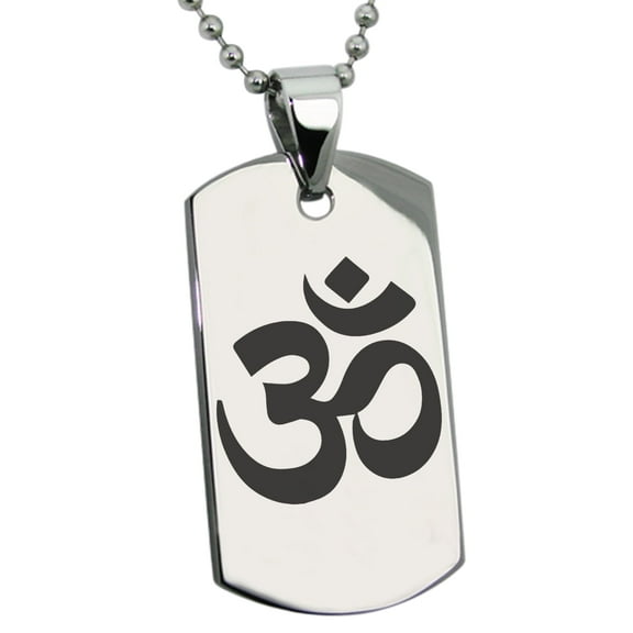 Tioneer Stainless Steel Sacred Sanskrit Om Engraved Dog Tag Pendant Necklace