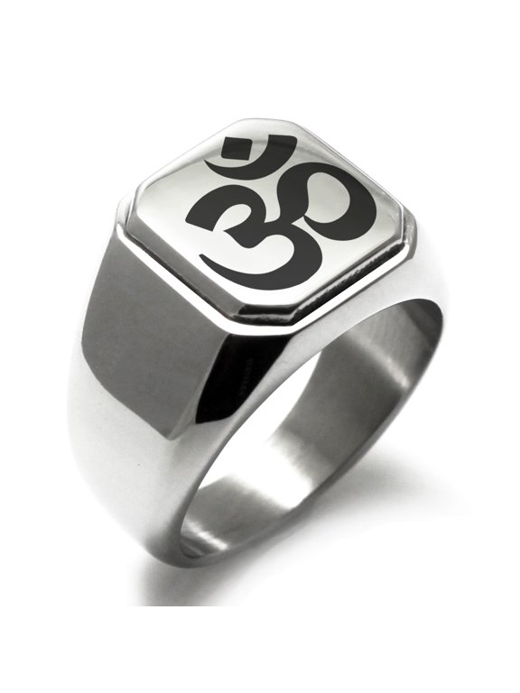 Stainless Steel Sacred Sanskrit Om Engraved Square Flat Top Biker Style Polished Signet Ring