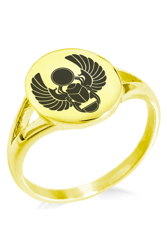 Stainless Steel Scarab Beetle Sacred Sun Minimalist Oval Top Polished Statement Signet Ring