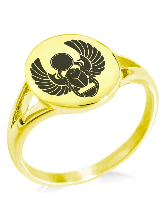 Stainless Steel Scarab Beetle Sacred Sun Minimalist Oval Top Polished Statement Signet Ring
