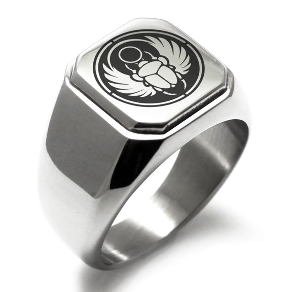 Tioneer Stainless Steel Scarab Beetle Sun Ring Engraved Square Flat Top Biker Style Polished Signet Ring