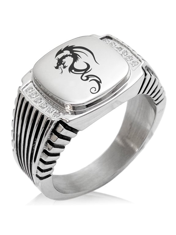 Stainless Steel Shadow Dragon CZ Ribbed Needle Stripe Pattern Biker Style Polished Ring
