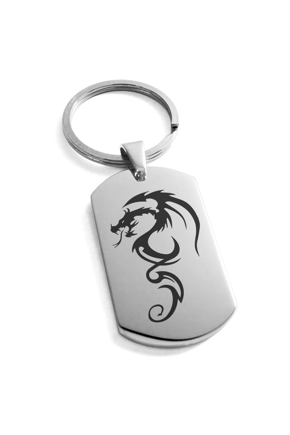 Stainless Steel Shadow Dragon Engraved Dog Tag Keychain Keyring Celtic