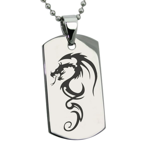 Tioneer Stainless Steel Shadow Dragon Engraved Dog Tag Pendant Necklace