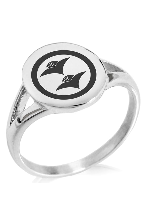 Stainless Steel Shibata Samurai Crest Minimalist Oval Top Polished Statement Signet Ring